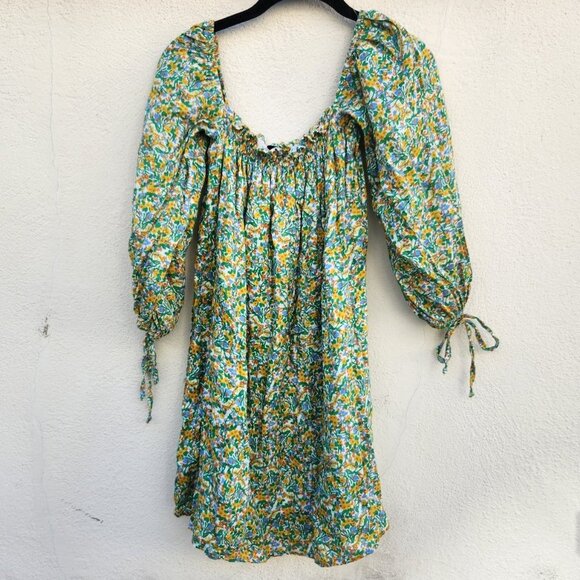 5/$100 SALE  Faithfull the Brand Linen Floral Off Shoulder Smocked Mini Dress - Picture 5 of 8